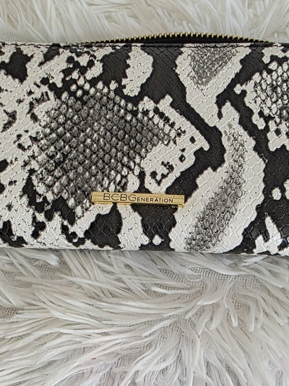 BCBGeneration Black & White Snake-Print Zip Wallet with Gold Logo